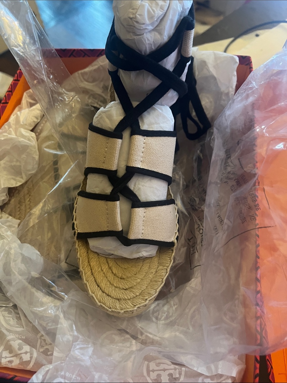 Tory Burch Cream and Black Lace-Up Espadrille